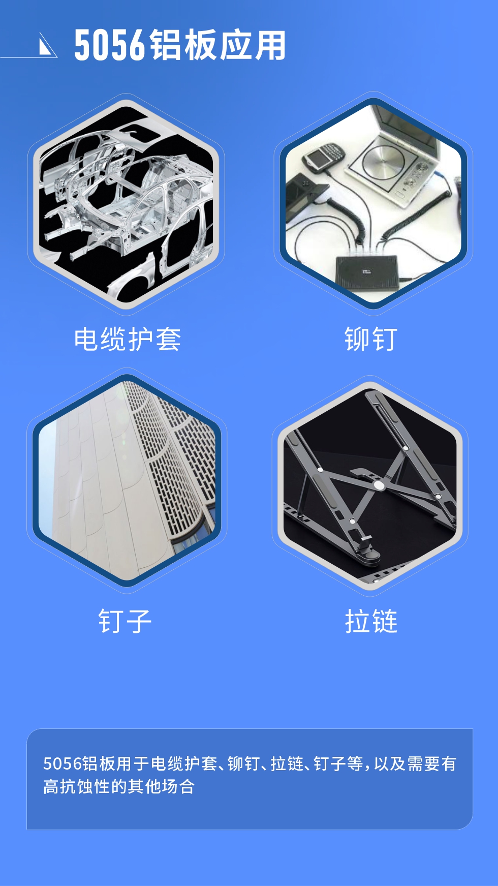 市場(chǎng)應(yīng)用
　　5056鋁板用于電纜護(hù)套、鉚釘、拉鏈、釘子等，以及需要有高抗蝕性的其他場(chǎng)合。
　　5056鋁板生產(chǎn)廠家
　　明泰鋁業(yè)支持定做，為用戶合理推薦更合理產(chǎn)品規(guī)格，并提供優(yōu)惠報(bào)價(jià)，讓您選購(gòu)無(wú)憂。
　　明泰鋁業(yè)是一家集科研、加工、制造為一體的大型現(xiàn)代化鋁加工企業(yè)。公司可生產(chǎn)1-8系鋁板帶箔產(chǎn)品，規(guī)格齊全。
