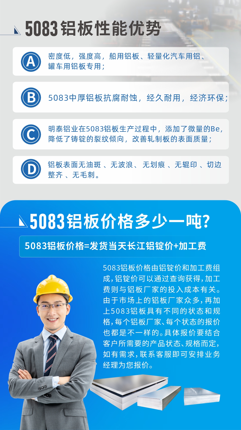 5083鋁板性能優(yōu)勢:1、密度低，強(qiáng)度高，船用鋁板、輕量化汽車用鋁、罐車用鋁板專用；2、5083中厚鋁板抗腐耐蝕，經(jīng)久耐用，經(jīng)濟(jì)環(huán)保；3、明泰鋁業(yè)在5083鋁板生產(chǎn)過程中，添加了微量的Be，降低了鑄錠的裂紋傾向，改善軋制板的表面質(zhì)量；4、鋁板表面無油斑 、無波浪、 無劃痕 、無輥印 、切邊整齊 、無毛刺。
5083鋁板價(jià)格信息:5083鋁板價(jià)格由鋁錠價(jià)和加工費(fèi)組成，鋁錠價(jià)可以通過查詢獲得，加工費(fèi)則與鋁板廠家的投入成本有關(guān)。由于市場上的鋁板廠家眾多，再加上5083鋁板具有不同的狀態(tài)和規(guī)格，每個(gè)鋁板廠家、每個(gè)狀態(tài)的報(bào)價(jià)也都是不一樣的。具體報(bào)價(jià)要結(jié)合客戶所需要的產(chǎn)品狀態(tài)、規(guī)格而定，如有需求，聯(lián)系客服即可安排業(yè)務(wù)經(jīng)理為您報(bào)價(jià)。
5083鋁板價(jià)格=發(fā)貨當(dāng)天長江鋁錠價(jià)+加工費(fèi)。
5083鋁板廠家:河南明泰鋁業(yè)生產(chǎn)5083鋁合金薄板、5083熱鋁板、5083中厚鋁板、5083船用鋁板、5083花紋鋁板等等，按需定制生產(chǎn)，規(guī)格齊全，歡迎來廠考察參觀，更多相關(guān)產(chǎn)品詳細(xì)信息和優(yōu)惠報(bào)價(jià)，可點(diǎn)擊右側(cè)在線咨詢，也可撥打咨詢電話：0371-67898708快速獲取!