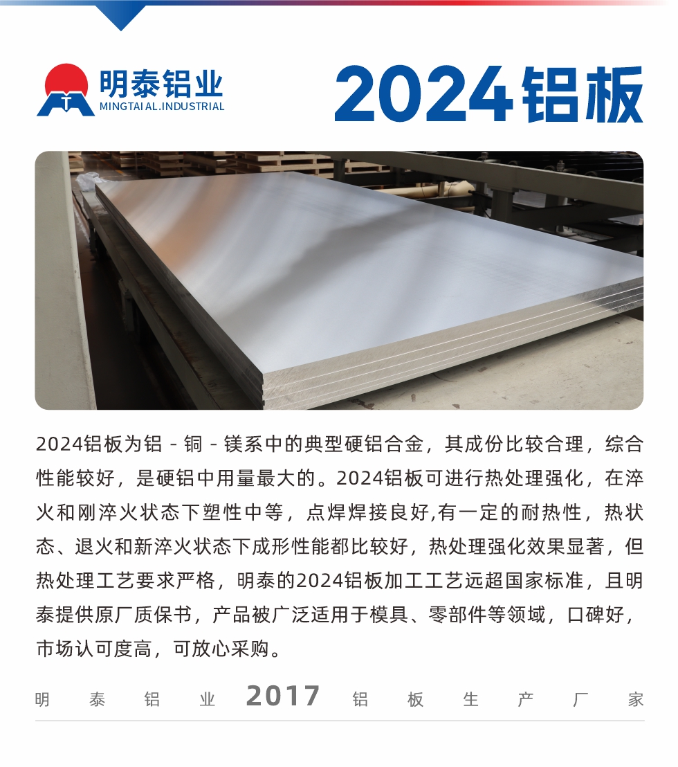 2024鋁板為鋁－銅－鎂系中的典型硬鋁合金，其成份比較合理，綜合性能較好，是硬鋁中用量最大的。2024鋁板可進(jìn)行熱處理強(qiáng)化，在淬火和剛淬火狀態(tài)下塑性中等，點(diǎn)焊焊接良好,有一定的耐熱性，熱狀態(tài)、退火和新淬火狀態(tài)下成形性能都比較好，熱處理強(qiáng)化效果顯著，但熱處理工藝要求嚴(yán)格，明泰的2024鋁板加工工藝遠(yuǎn)超國家標(biāo)準(zhǔn)，且明泰提供原廠質(zhì)保書，產(chǎn)品被廣泛適用于模具、零部件等領(lǐng)域，口碑好，市場認(rèn)可度高，可放心采購。
