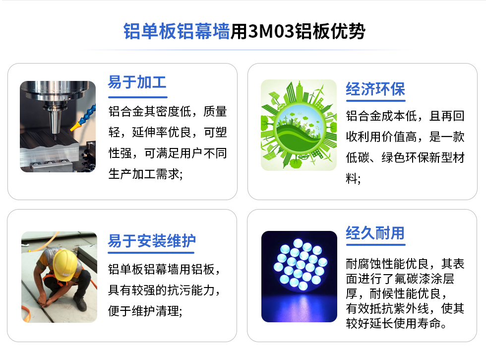 鋁單板鋁幕墻用3M03鋁板優(yōu)勢
易于加工
鋁合金其密度低，質(zhì)量輕，延伸率優(yōu)良，可塑性強，可滿足用戶不同生產(chǎn)加工需求;
易于安裝維護(hù)
鋁單板鋁幕墻用鋁板具有較強的抗污能力，便于維護(hù)清理;
經(jīng)濟(jì)環(huán)保
鋁合金成本低，且再回收利用價值高，是一款低碳、綠色環(huán)保新型材料，
經(jīng)久耐用
耐腐蝕性能優(yōu)良，其表面進(jìn)行了氟碳漆涂層厚，耐候性能優(yōu)良，有效抵抗紫外線，使其較好延長使用壽命。